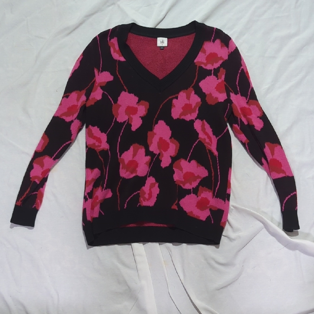 CAbi Pink and Black Floral V-Neck Sweater
